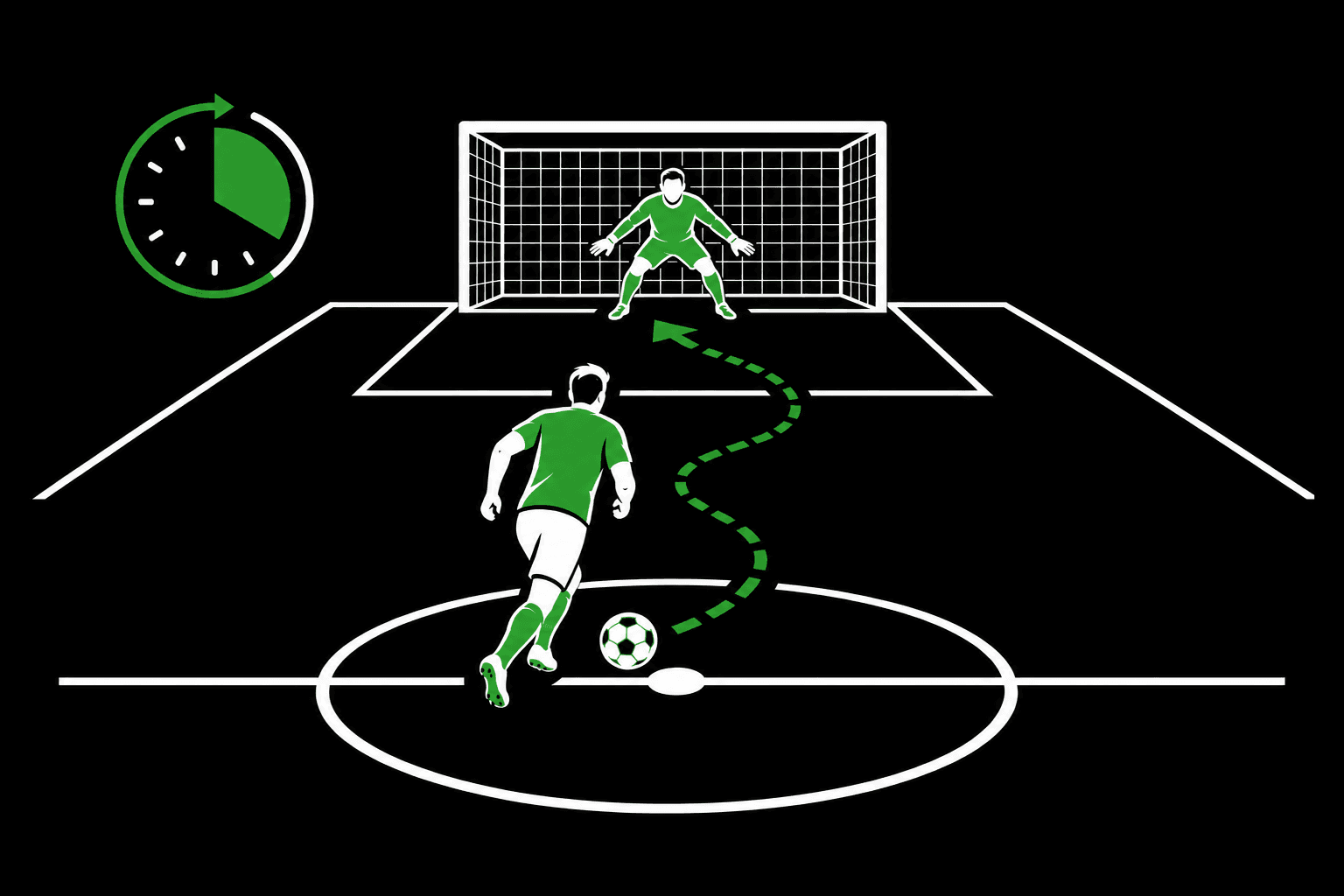 中央からドリブルしてGKとの1対1に挑むイラスト