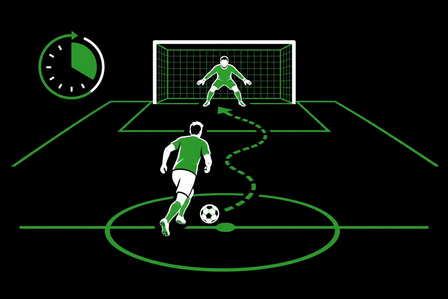 中央からドリブルしてGKとの1対1に挑むイラスト